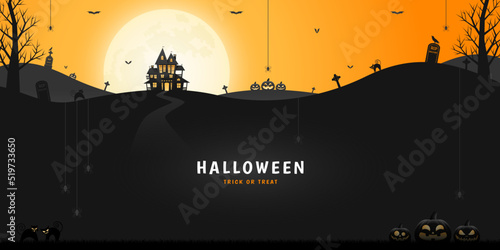 Wallpaper Mural Halloween haunted house, pumpkin lanterns and spooky trees with orange sky and moonlight background