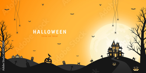 Halloween haunted house, pumpkin lanterns and spooky trees with orange sky and moonlight background.
