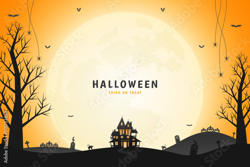 Halloween haunted house, pumpkin lanterns and spooky trees with orange sky and moonlight background.