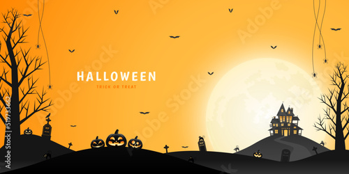 Halloween pumpkin lanterns, haunted house and spooky trees with orange sky and moonlight background.