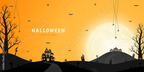 Halloween haunted house, pumpkin lanterns and spooky trees with orange sky and moonlight background.