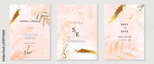 Luxury fall wedding invitation card template. Watercolor card with gold line art, golden foil, leaves branches, foliage. Elegant autumn botanical vector design suitable for banner, cover, invitation.