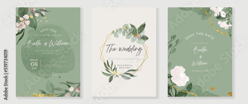 Luxury botanical wedding green invitation card template. Watercolor card with gold line art, flower, leaves branches, foliage. Elegant blossom vector design suitable for banner, cover, invitation.