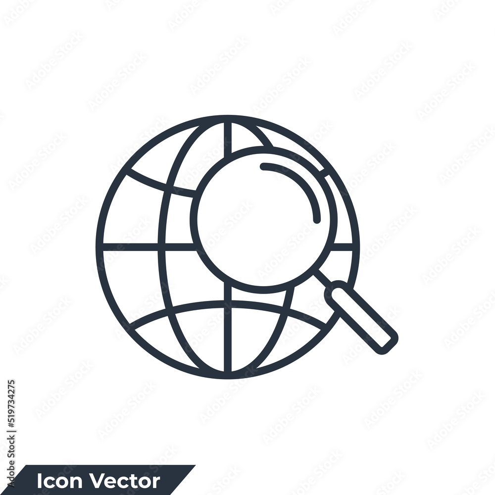 search globe icon logo vector illustration. Magnify globe symbol template for graphic and web design collection search globe icon logo vector illustration. Magnify globe symbol template for graphic and web design collection