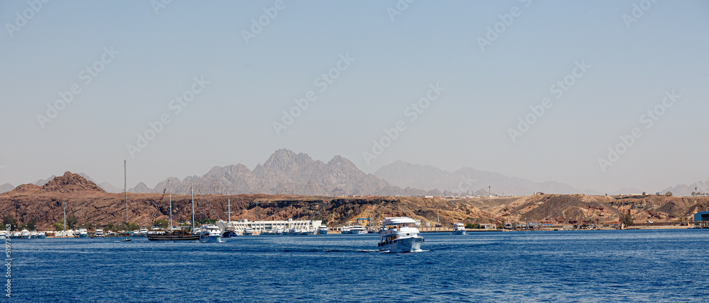 View to the shore of Sharm el Sheikh from the Red sea