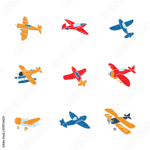 Set of airplanes hand-drawn. The contours of the aircraft in Doodle style on white background.