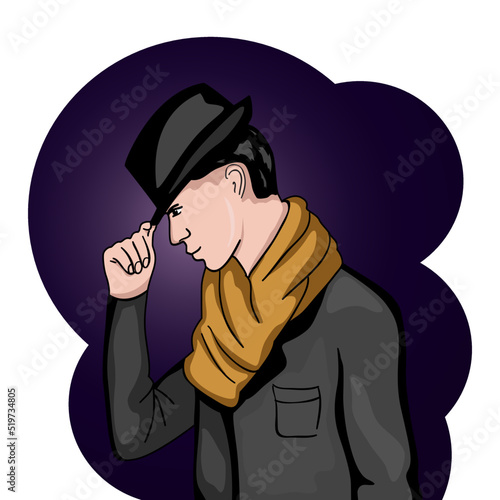 Man in the black hat, holding one hand over his hat. Greeting gesture. Vector illustration