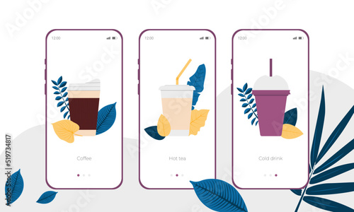 Paper cups with coffee and tea. Screen set of Mobile app. Illustrations of hot drinks to go for mobile app.