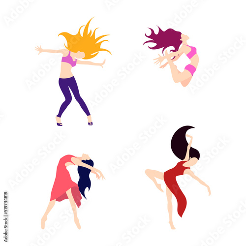 Contemporary and classical dancing set. Dancer character design. Flat illustration. Modern dance styles. Hip-hop, ballet, jazz,