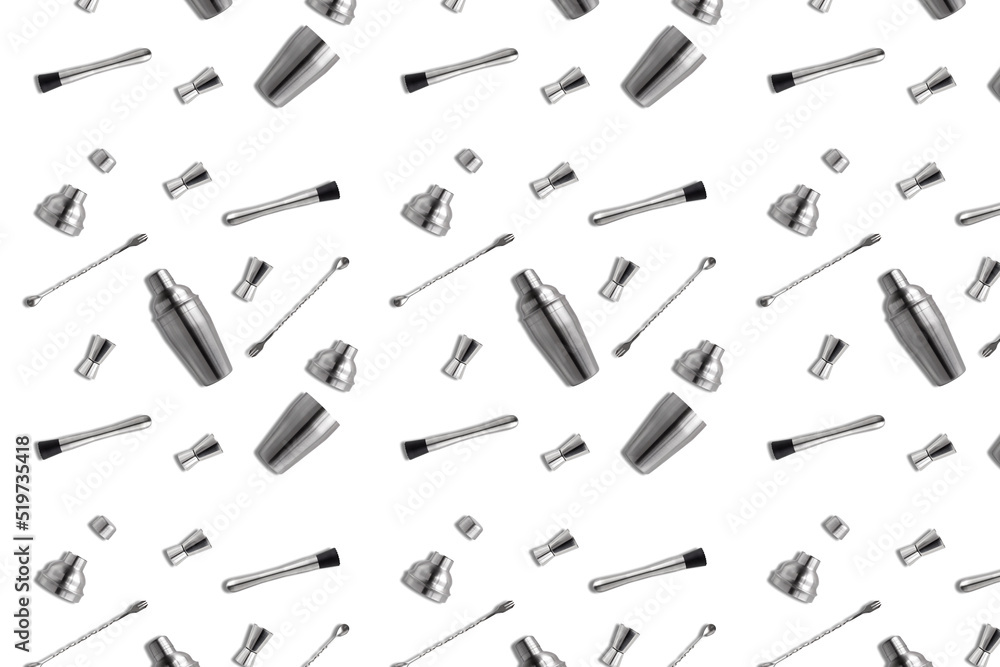 A bartender's set on a white background in isolation. A pattern for decorating an institution and a kitchen. A bartender's set on a white background in isolation. A pattern for decorating an institution and a kitchen.