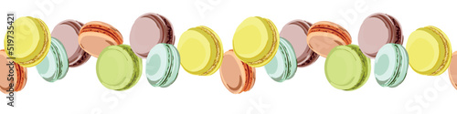 Colorful macarons seamless pattern. Sweet french macaroons isolated on white background. Vector illustration in flat style.