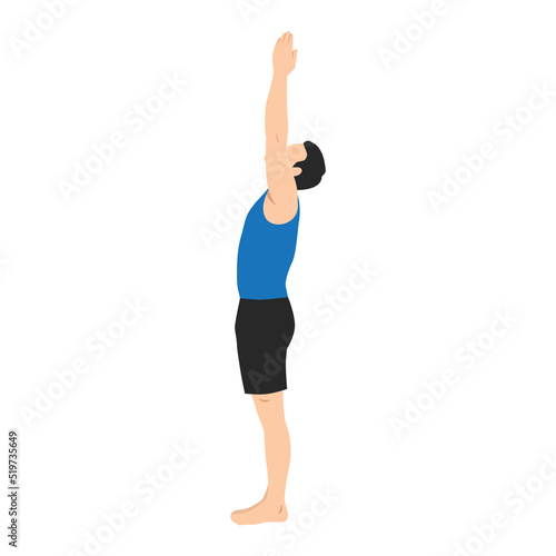 Man doing urdhva namaskarasana yoga pose. Standing with upavishtha konasana exercise. Flat vector illustration isolated on white background