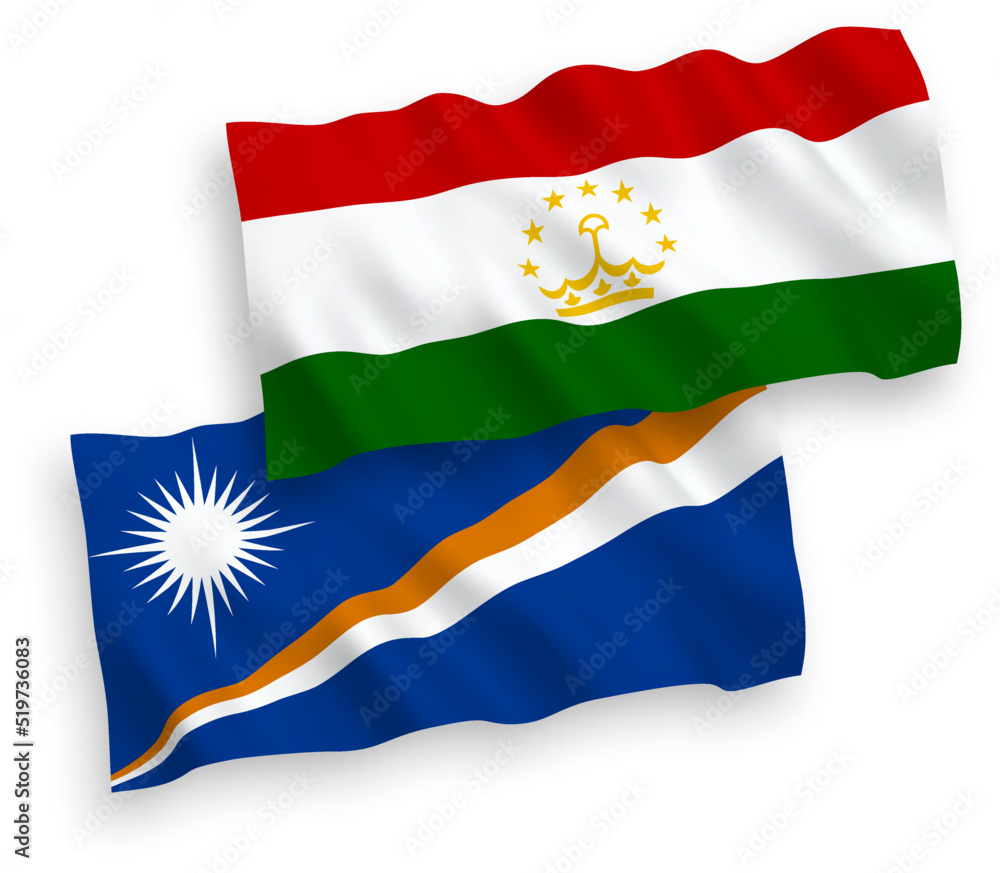 National vector fabric wave flags of Republic of the Marshall Islands and Tajikistan isolated on white background. 1 to 2 proportion. National vector fabric wave flags of Republic of the Marshall Islands and Tajikistan isolated on white background. 1 to 2 proportion.