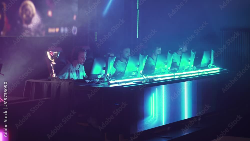 Group of cyber players plays a video game, cyber sportsmans lost the game, communication between players, international game tournament. Group of cyber players plays a video game, cyber sportsmans lost the game, communication between players, international game tournament.