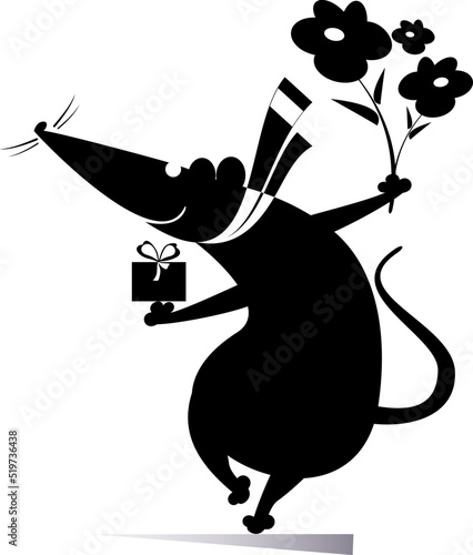 Cartoon rat or mouse holds a present box and flowers. Funny rat or mouse with a gift and flowers celebrating birthday or important event. Black on white