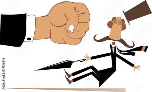 Punch fist and confused falling man. Concept illustration. Big fist beats a falling man in the top hat with umbrella. Isolated on white background