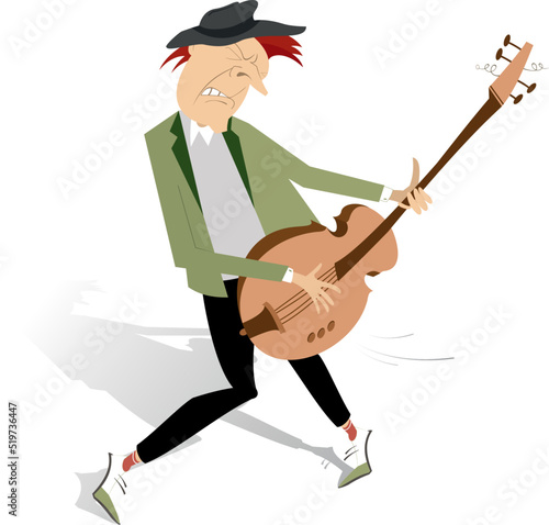 Cartoon guitar player. 
Serious man in the hat playing guitar with inspiration. Isolated on white background
