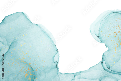 Modern watercolor background or elegant card design or wallpaper or poster with abstract teal blue ink waves and golden splashes.