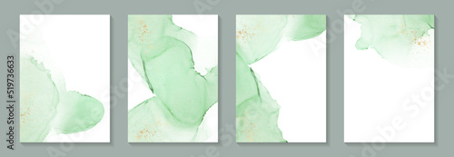 Modern watercolor background or elegant card design for birthday invite or wedding or menu with abstract mint green ink waves and golden splashes.