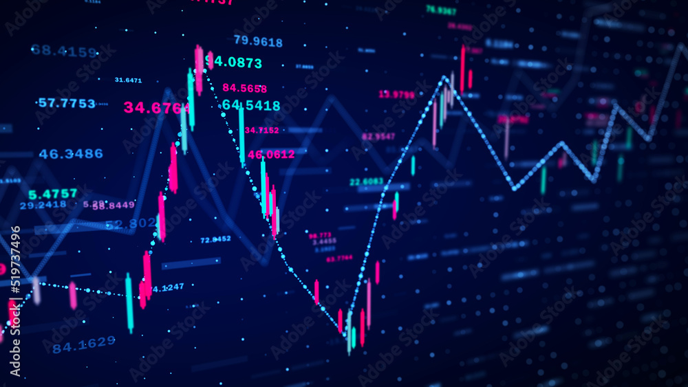 Abstract candlestick chart on the stock market. Financial investment concept for use in graphic design. Dynamic transaction flow structure. 3D rendering.