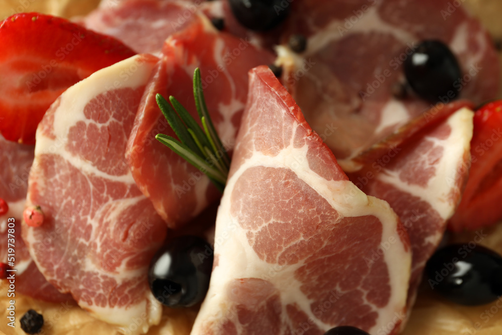 Concept of delicious Spanish cuisine - jamon, close up Concept of delicious Spanish cuisine - jamon, close up