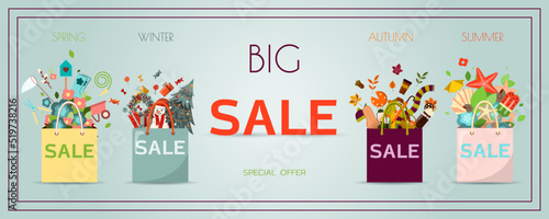Advertising poster for black Friday, packages with goods for winter, spring, summer, autumn. Banner for discounts and sales. A poster with an inscription and a special offer of the store. Online store