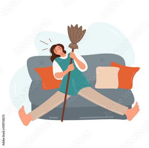Tired woman on the couch with a broom. Vector flat design of an exhausted girl. The female character is resting in the living room with her legs outstretched. Overexertion, overwork concept at work.