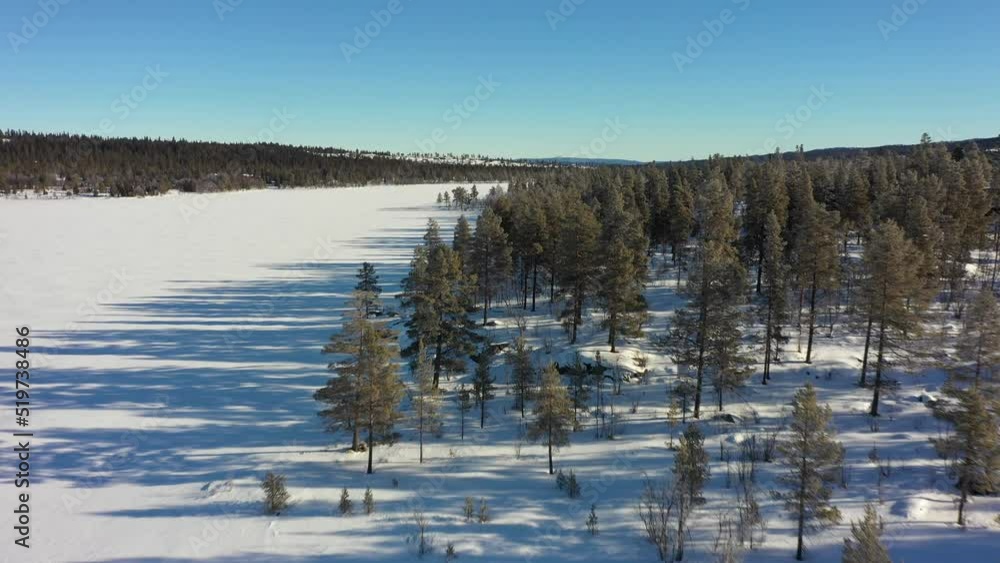 Flying above frozen pine treetops close to snow covered Synstevatn freshwater lake at beautiful Nesfjellet mountain in Norway Flying above frozen pine treetops close to snow covered Synstevatn freshwater lake at beautiful Nesfjellet mountain in Norway