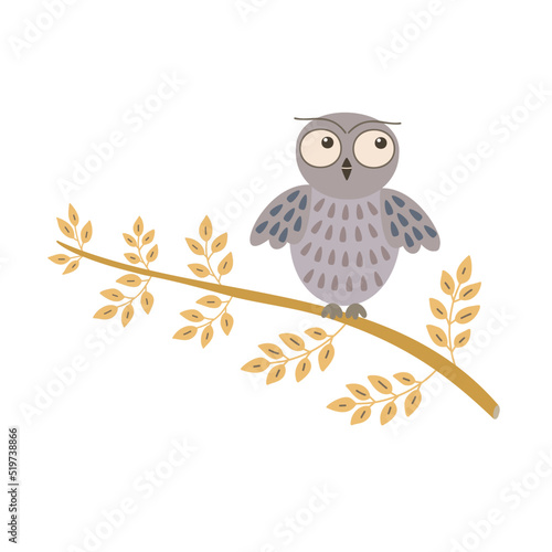 Cute doodle owl sitting on tree branch, simple flat style hand drawn cartoon vector forest bird illustration, fairy tale character, autumn seasonal image for poster, greeting card