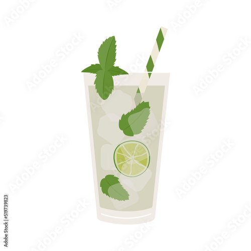 Mojito Cocktail with lime slice, ice and mint leaves. Summer aperitif with rum and lemon juice garnished with mint. Alcoholic beverage or lemonade with straw. Vector illustration isolated on white.