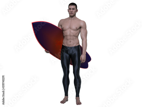 3D Render : The portrait of a young mesomorph man with a surf board, surfer male model isolated on white background