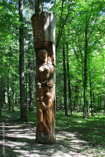 Wooden sculpture in State historical and cultural reserve "Naguyevychi" in Lviv region, Naguyevichi, Ukraine 