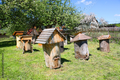 Wooden hives for bees in Park of Naguevychy - Ukrainian skansen of creations on the territory of the native city of Frankiv, Ukraine