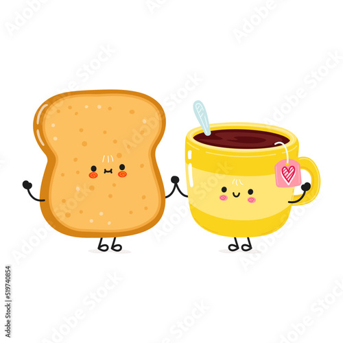 Cute happy cup of tea and toast card. Vector hand drawn doodle style cartoon character illustration icon design. Happy cup of tea and toast friends concept card