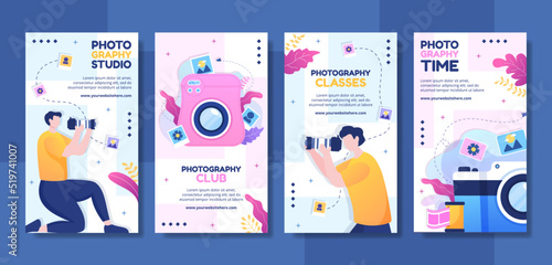 Photography Social Media Stories Template Flat Cartoon Background Vector Illustration