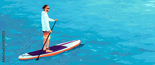 A man in glasses and shorts is standing on a SUP board with a paddle in his hands. Sup board in the sea, ocean. SUP touring. Beautiful blue water on the background. High detail. Vector illustration