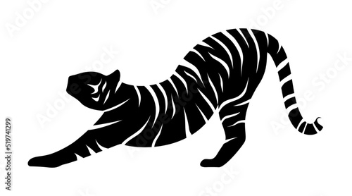 Vector illustration of a black and white stretching tiger isolated on a white background