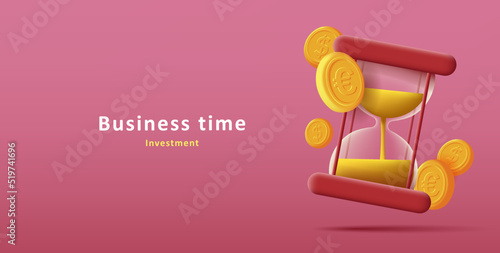 3d illustration of glass sand clock with golden money coins. Vector illustration