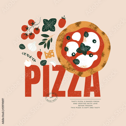 Italian pizza design template. Pizza Margherita with tomatoes and mozzarella. Vector illustration