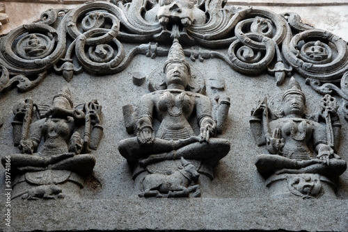 Beautifully carved idols on the inner wall of the Bhuleshwar Temple, Yawat, Maharashtra, India