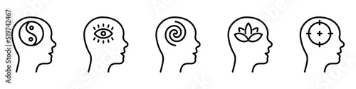 Brain Balance Harmony in Head Line Icon. Illuminati Eye, Target, Lotus Khamsa, Yin Yang Linear Pictogram. Peace in Human Head Concept Outline Icon. Editable Stroke. Isolated Vector Illustration
