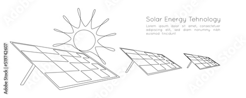 One continuous line drawing of Solar panels with sun. Clean energy and renewable resources in simple linear style. Power station and save ecology concept. Editable stroke. Doodle vector illustration