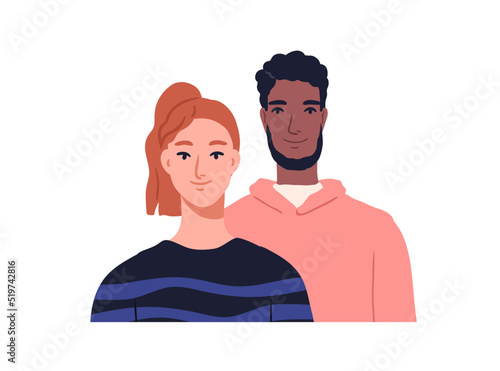 Couple portrait. Biracial man and woman faces. Happy smiling friends, young male and female characters. Wife and husband of different race. Flat vector illustration isolated on white background