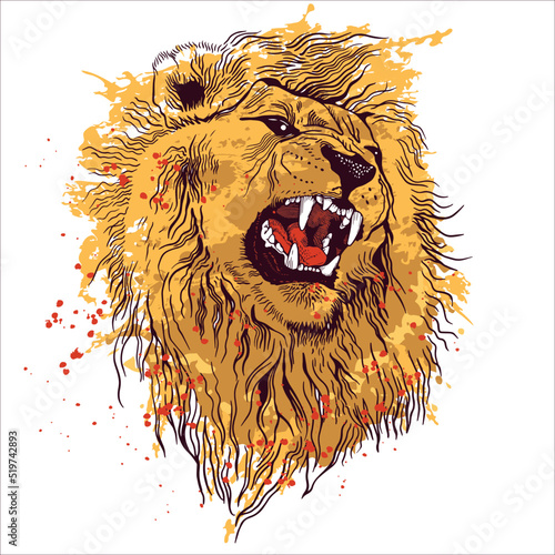Pencil drawing of the head of a roaring lion in a minimalist style, suitable for a logo, tattoo, interior decoration, paintings, print on textiles and t-shirts. Lion roar.