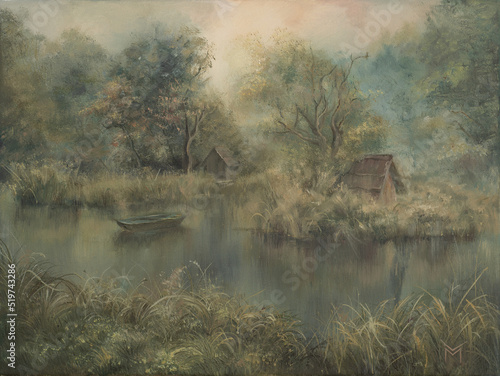 Oil painting beautiful landscape forest - Farmhouse near lake, Vintage Country house Cottage, boat, tree, summer Wood, Morning mist , meadows, Modern art, green