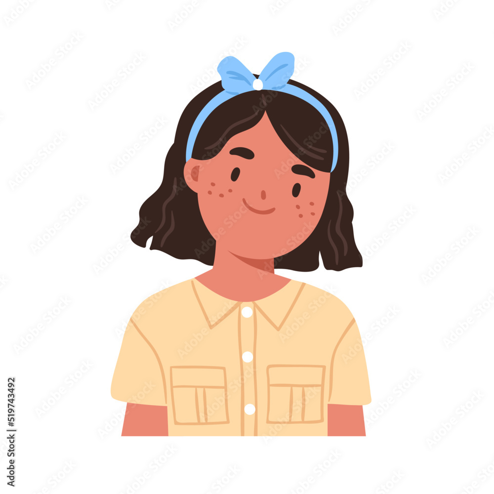 Happy girl face portrait. Cute smiling kid with headband and bow on head. Adorable school child, schoolgirl. Little elementary student avatar. Flat vector illustration isolated on white background Happy girl face portrait. Cute smiling kid with headband and bow on head. Adorable school child, schoolgirl. Little elementary student avatar. Flat vector illustration isolated on white background