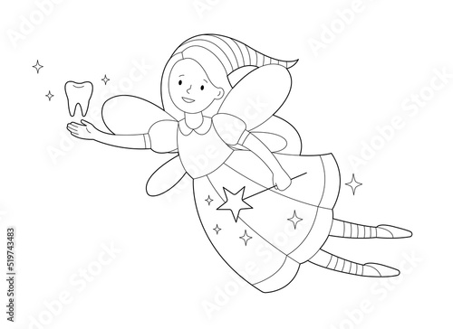 Smiling tooth fairy with magic wand and tooth. Contour linear illustration. Coloring page for kids. Vector  illustration