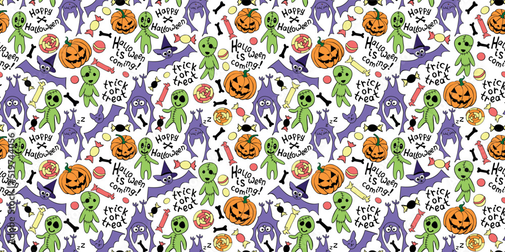 Happy Halloween-seamless pattern with set of icons-pumpkin, Jack lantern, zombie, bat, candy. Funny colorful holiday background, texture for greeting card, wrapping paper, party poster