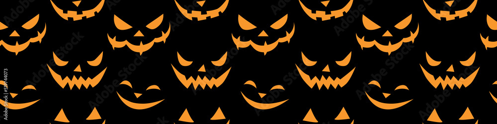 Vector Seamless pattern of smiling faces in flat style. Glowing and looking out of dark creepy snouts of creatures, isolated on black background. Halloween texture Vector Seamless pattern of smiling faces in flat style. Glowing and looking out of dark creepy snouts of creatures, isolated on black background. Halloween texture
