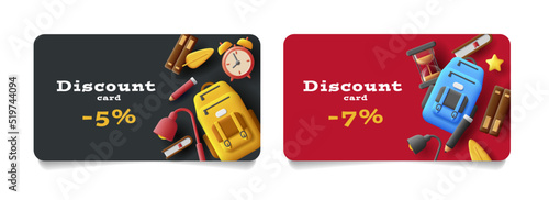 Cards template for promo discounts with school items 3d illustration